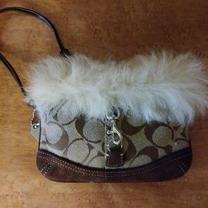 New Coach signature suede shearling wristlet pouch
